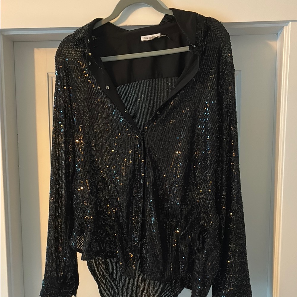Calvin Klein Black Sequin Top Notched Collar